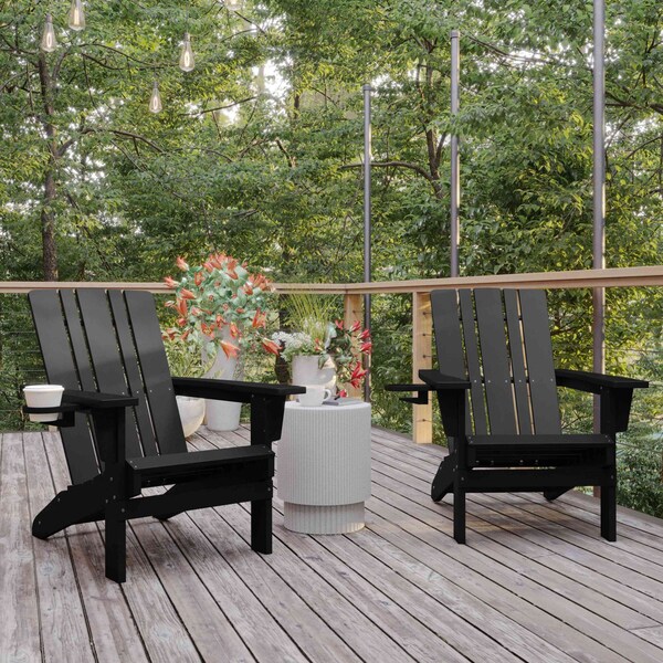 Flash Furniture Black Adirondack Patio Chairs with Cupholder, 2PK 2-LE-HMP-1045-10-BK-GG - main